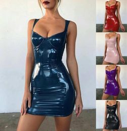 Womens Sexy Backless Club Party Short Dress Solid Black Wet Look Latex Bodycon Faux Leather Push Up Bra Mini Micro Dress Leotard7224016