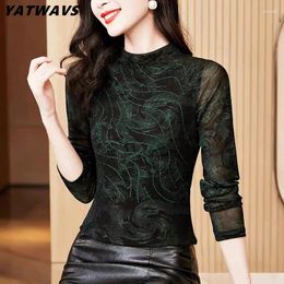 Women's T Shirts Spring Vintage Print T-shirt Fashion Stand Collar Long Sleeve Diamonds Tees Classics Lady Casual Slim Mesh Tops