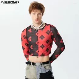 Men's T Shirts 2024 Mesh Printing Patchwork O-neck Long Sleeve Crop Tops Sexy Transparent Streetwear Fashion Camisetas INCERUN