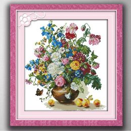 Peach and Flower basket home decor paintings Handmade Cross Stitch Embroidery Needlework sets counted print on canvas DMC 14CT 3151