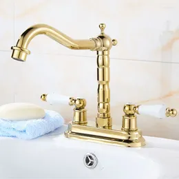 Bathroom Sink Faucets Basin Faucet Gold Brass Kitchen Cold And Water Mixer Tap Dual Handle Hole Deck Mount Swivel Spout Taps Dnf431