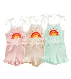 Jumpsuits Kid Child Tie Up Ribbed Romper Baby Girl Sleeveless Sun Pattern Ushaped Neck Spaghetti Strap Ruffle Playsuit With Pock3766106