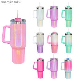 Tumblers 40 oz Tumbler With Handle Lid and Straw Insulated Rainbow Paint Stainless Steel Travel Mug Iced Coffee Cup for Hot Cold Water HKD230830