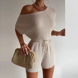 Summer Knitwear Casual Women Solid Holiday Beach Overall Short Sleeve Romper Sexy Off Shoulder Drawstring Shorts Jumpsuit 240307