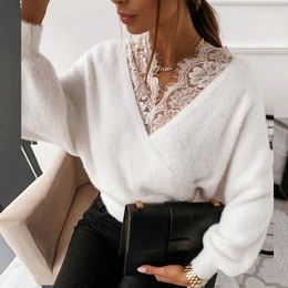 Women's Sweaters Ladies Sweater Sexy Solid Colour Lace Sling Flannel Long-Sleeved Top Autumn Winter Woman Tops Women Pulovers Fashion