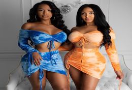 3 Pieces Swimsuit Women Bikini 2021 Off Shoulder Tie Dye Designer Bathing Suits Long Sleeve W High Waist Skirt Blue Swimwear Q0524037897