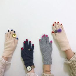 Five Fingers Gloves Japanese Women Funny Nail Pattern Embroidery Winter Warm Thicken Faux Wool Cycling Driving Solid Color Mittens290o