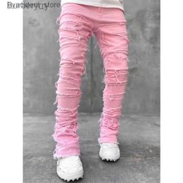 Men's Jeans Mens Jeans Mens Skinny Jeans Fringe Hip-hop R Edge Elastic Patch Punk Rock Long Tight Fit Stacked Jeans Denim Pants Blue Pink StreetwearL231011 L240313