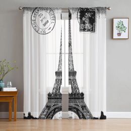 Curtains Eiffel Tower Vintage Stamp Black White Tulle in Sheer Curtains for Living Room Bedroom Kitchen Window Treatment Chiffon Curtain