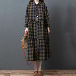 Casual Dresses Cotton Plaid Vintage For Women 2024 Spring Autumn Long Korean Style Fashion Elegant Dress Office Lady Clothing