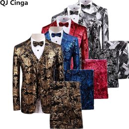 Gold Printed 3 Piece Tuxedo Suit Men Brand Slim Fit Wedding Dress Terno Masculino Party Prom Stage Costume Homme