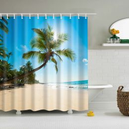 Curtains Seaside Sea Beach Sea Wave Coconut Tree Shower Curtains Bathroom Curtain Fabric Waterproof Polyester Bath Curtain with Hooks