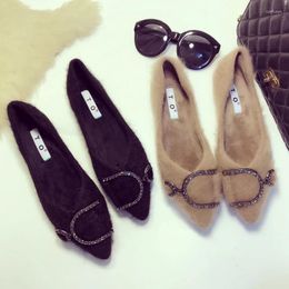 Casual Shoes Korean Fur Cotton Woman Large Size 45 Warm Mink Loafers Plush Women Flats Winter Slip On Crystal Ladies Moccasin