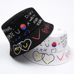 The Latest Unisex Panama Fisherman's Hat Women's Sun Black And White Graffiti Men's Outdoor Hip Hop Harajuku Bucket252C