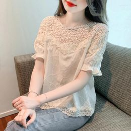 Women's Blouses Fashion Hollow Out Lace Blouse Women Chic Ruffled Short Sleeve Loose Shirts Korean Ladies Elegant Summer Tops