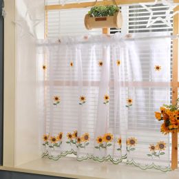 Curtains Embroidery Short Tulle Curtains for Living Room, Lace Half Curtains for Kitchen Bathroom Door, Home Drapes American Sunflower