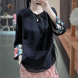 Ethnic Clothing 2024 Autumn Embroidery Art Chinese Shirt Style Tangsuits Daily Blouse Lady Vintage Black Improved