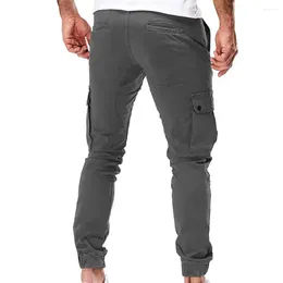 Men's Pants Men Cargo Solid Colour Breathable Drawstring With Multi Pockets Elastic Waist For Ankle-banded Loose