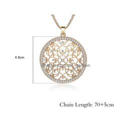 Pendant Necklaces Elegant Big Round Crystal Necklace Sier/Gold Color Hollow Out Long Chain Statement Jewelry For Women Gift Female Col Dhsyu