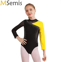 Stage Wear Kids Girls Gymnastics Figure Skating Ballet Dance Costume Shiny Rhinestone Leotard Sheer Mesh Long Sleeve Cutout Back Bodysuit