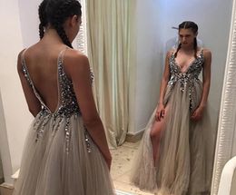 Split Evening Dresses Plunging Neckline Crystal Prom Gowns Custom made Tulle Evening Party Dress Real Pictures Backless Party 1105765