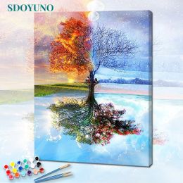 Calligraphy SDOYUNO 60x75cm Paint By Number Canvas Painting Kits Frameless Painting By Numbers On Canvas DIY Four Season trees Colouring