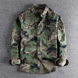 Men's Casual Shirts Military Camouflage Men Spring Autumn Long Sleeve Washed Blouses Retro Amekaji American Western Style Tops Outdoor