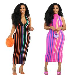 Striped Bodycon Dresses Women Fashion Zip Neck Sleeveless Pencil Dress Club Wear Free Ship