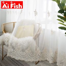 Curtains White Luxury Lace Embroidered with Flower Rope Tulle Curtains for Living Room Mesh Fabric Sheer Window Drape for Bedroom MY538#4