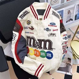 Giacca da baseball a fagiolo Mm con ricamo High Street in stile americano primaverile e autunnale per uomo e donna Giacca da motociclista alla moda hip-hop allentata