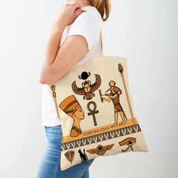 Shopping Bags Fashion Ancient Egypt Totem Pharaoh Both Sided Canvas Bag Reusable Cartoon Anubis Lady Student Shopper For Women