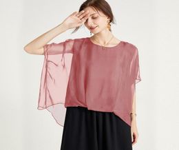 8006 JRY Neue Sommermode Seidenblusen Frauen Rundkragen Halbarm Tops Dame Einfarbig Unregelmäßige Blusen Plus Größe PinkWh169537473