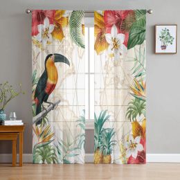 Curtains Toucan Flower Fruit Tropical Plants Pineapple Map Tulle Sheer Window Curtains for Living Room Bedroom Tulle Voile Curtains Decor