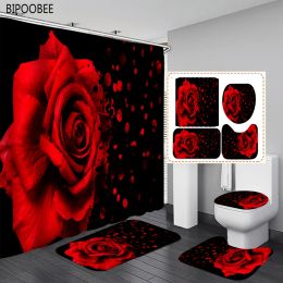 Curtains Red Rose Flowers Bathroom Curtains Black Fabric Shower Curtain Set Bath Mats Rugs Toilet Lid Cover Antiskid Carpet Home Decor