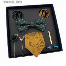 Neck Ties Vintage Green Mens Tie Set Luxury Neck Ties For Wedding Gift Bowtie Handkerchief Cufflinks Tie Clip Brooch Set For Male Necktie L240313