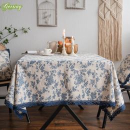 Pads Gerring Linen Tablecloth Blue Rose Printed Garden Table Cover Household Lace Dcoration Table De Mariage Rustique Kitchen Cloths