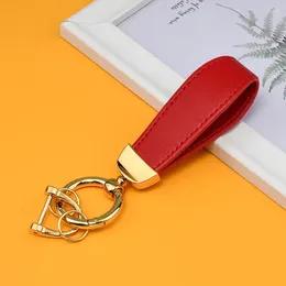 Keychains Luxury Genuine Leather Lanyard Keychain 8 Colours Men Women Square Pattern Horseshoe Buckle Car Key Ring Holder Jewellery