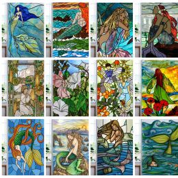 Films Custom Size Window Stained Glass Films,Mermaid,Flower Fairy,People Painting Stickers For Bathroom Bedroom Door Office Home Decor