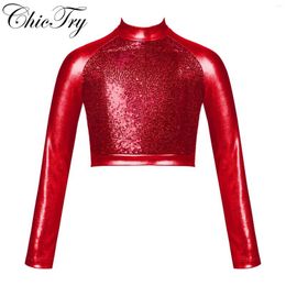 Stage Wear Kids Girls Glitter Sequins Ballet Jazz Modern Hip Hop Dance Crop Top Turtleneck Long Sleeve Athletic Shirt Tanks Dancewear