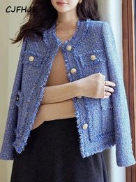 CJFHJE Long Sleeve Blue Tassel Women Coats Autumn Winter Short ONeck Vintage Tweed Jackets Femlae Korean Elegant Lady Outerwear 240307
