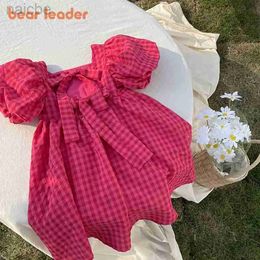 Girl's Dresses Bear Leader Rose Pink Plaid Bow Dress Elegant Lolita Child Big Midi Dress Dresses Teens Party Princess Sundress ldd240313