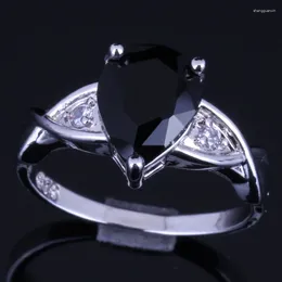 Cluster Rings Fancy Pear Black Cubic Zirconia White CZ Silver Plated Ring V0108