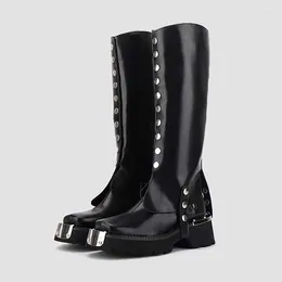 Boots Punk Knight Genuine Leather Metal Rivet Square Toe Thick Soled Splicing Booties Women Button Design Side Zipper Retro Shoe