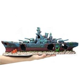 47x9 5x12cm Navy Warship Batttle Ship Resin Boat Aqaurium Tank Fish Decoration Ornament Underwater Ruin Wreck Landscape A9154 Y200304t