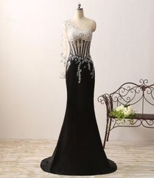 Emerald Black Chiffon Evening Dress 2018 One Shoulder Sequins Beaded Mermaid Women Custom Sexy Formal Pageant Gowns For Prom Party2375193