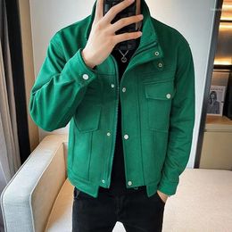 Men's Jackets Vintage Classic Green Wool Jacket Autumn And Winter Fashion Stand Collar Zipper Thick Warm Suit Style Korean Men Wear