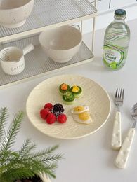 Plates Milk Yellow Pattern Relief Ceramic Circular Flat Plate Restaurant Salad Simple Home Use Western