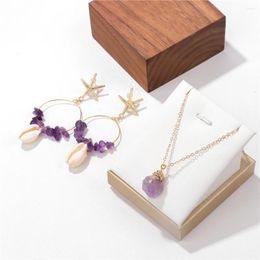 Necklace Earrings Set Natural Amethysts Shell Starfish Charm Eardrops For Women Raw Quartzs Bohemia Sea Beach Jewelry