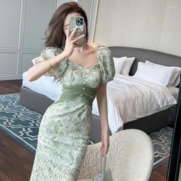 Party Dresses Harajpoo Design Fashion Long Dress 2024 Summer French Bubble Sleeves Wrapped Waist Square Neck Exquisite Lace Evening Vestidos