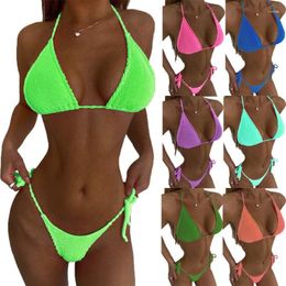 Women's Swimwear 2024 Summer High Waist Thong Sexy Brazilian Bikini & Wave Stripe Fluorescent Tie Split Suit In Wrinkled Fabric